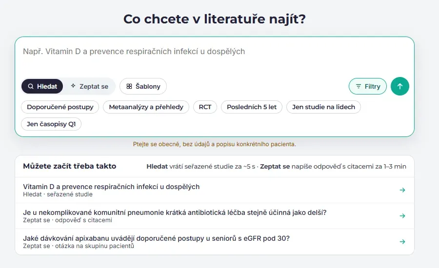 Filtry v nové kartě otázky: doporučené postupy, metaanalýzy, RCT, posledních pět let, lidé a Q1