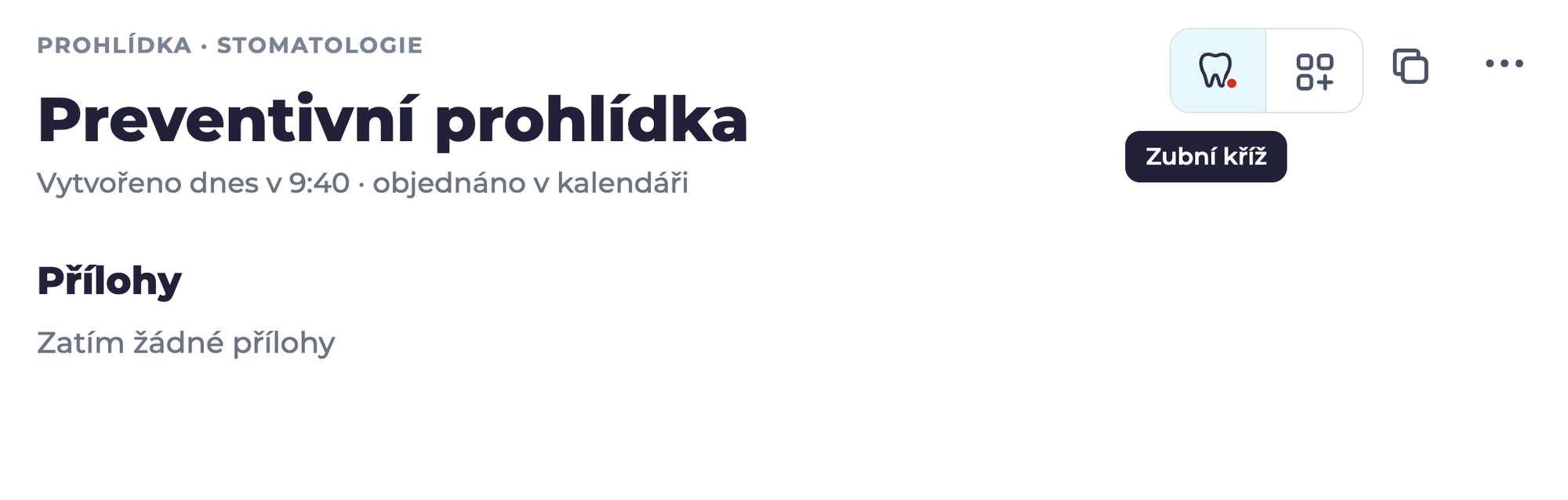 Detail požadavku Preventivní prohlídka v Medevio s tlačítkem Zubní kříž mezi tlačítky Medevio Connect