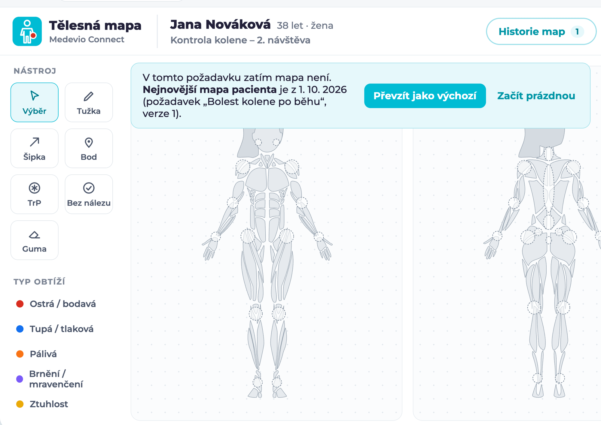 Nový požadavek na kontrolu s nabídkou převzít nejnovější mapu pacientky jako výchozí