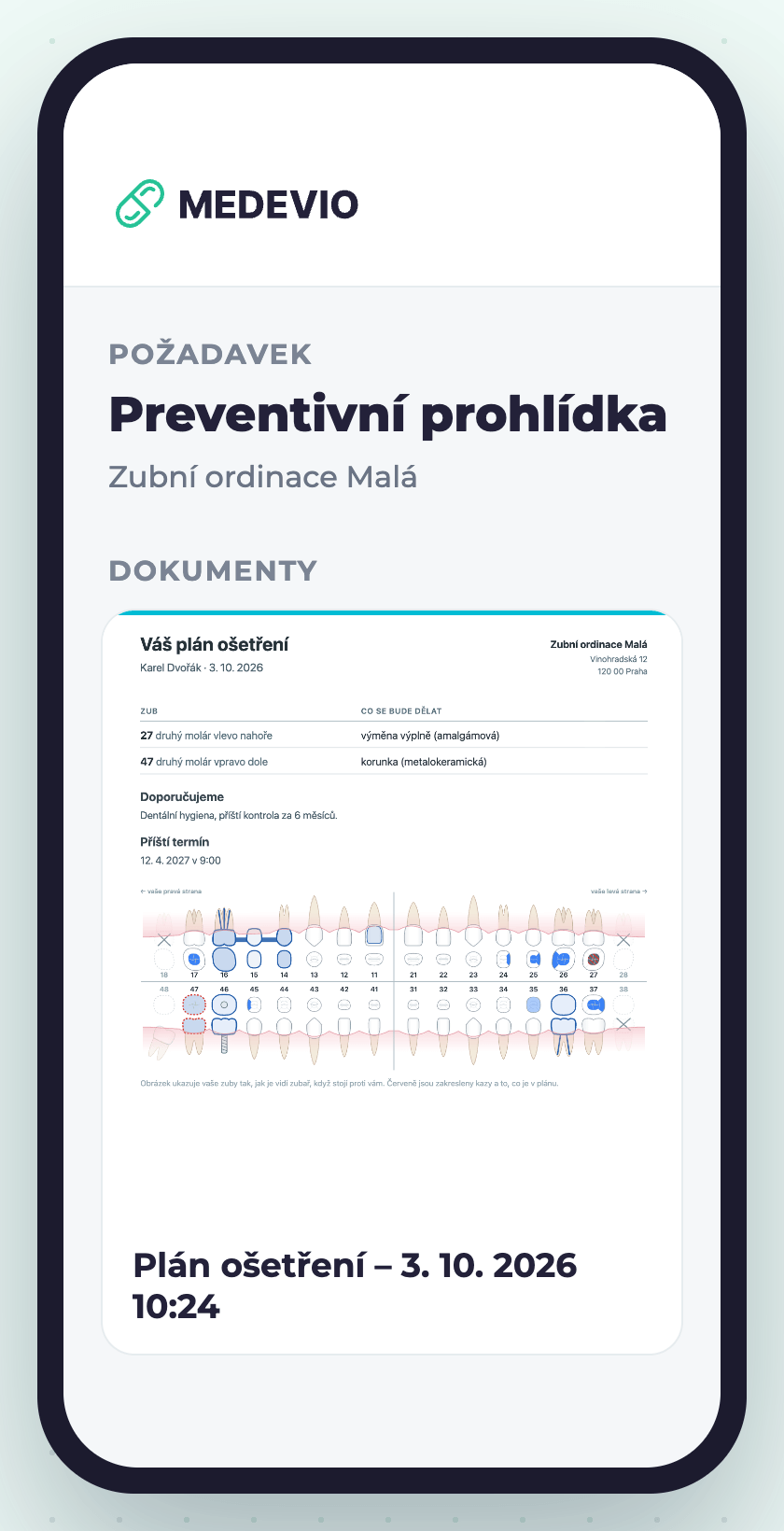 Aplikace Medevio v telefonu pacienta s dokumentem Plán ošetření u požadavku Preventivní prohlídka