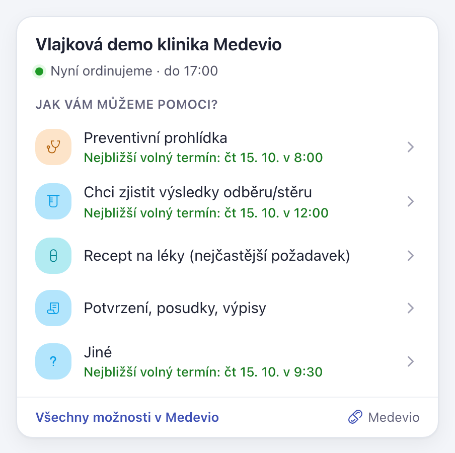 Panel s nabídkou požadavků a nejbližším volným termínem u preventivní prohlídky, výsledků a dalšího požadavku