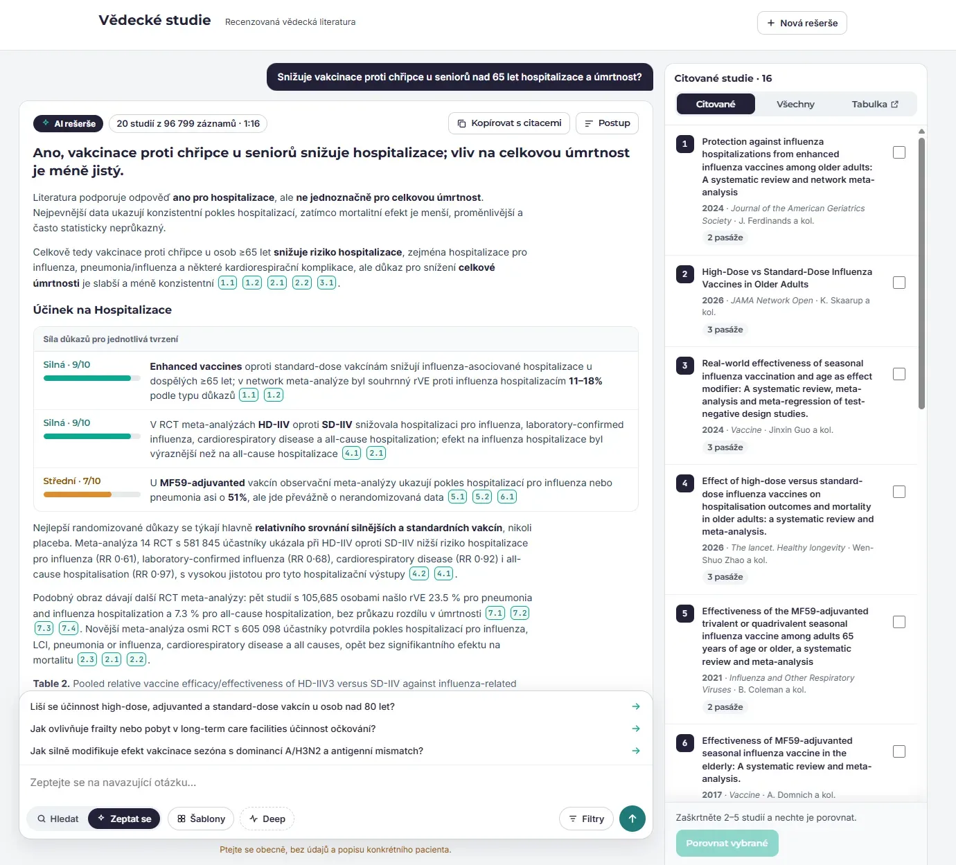 Odpověď s verdiktem, citacemi, silou důkazů a novou kartou navazující otázky