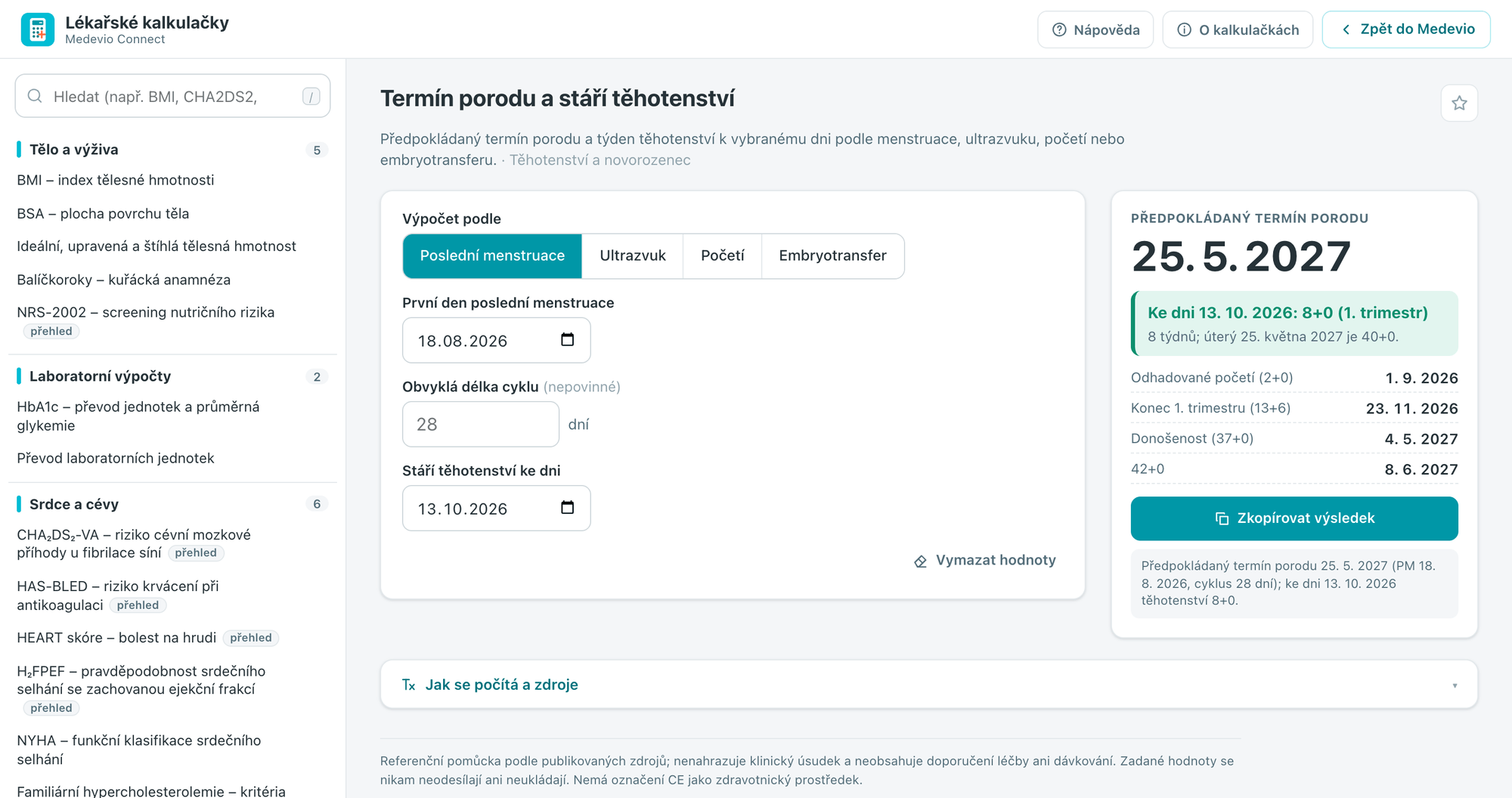 Termín porodu podle poslední menstruace: předpokládaný termín porodu, stáří těhotenství ke dni výpočtu, důležitá data a tlačítko Zkopírovat výsledek