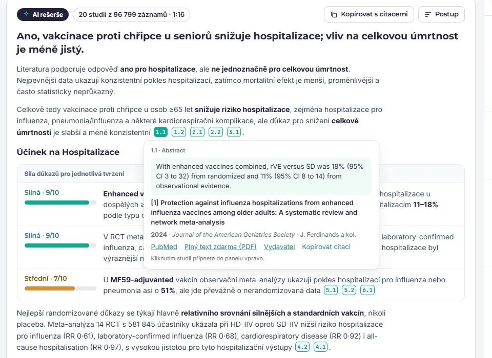 Náhled citace 1.1 s doslovnou pasáží studie a odkazy na PubMed a vydavatele