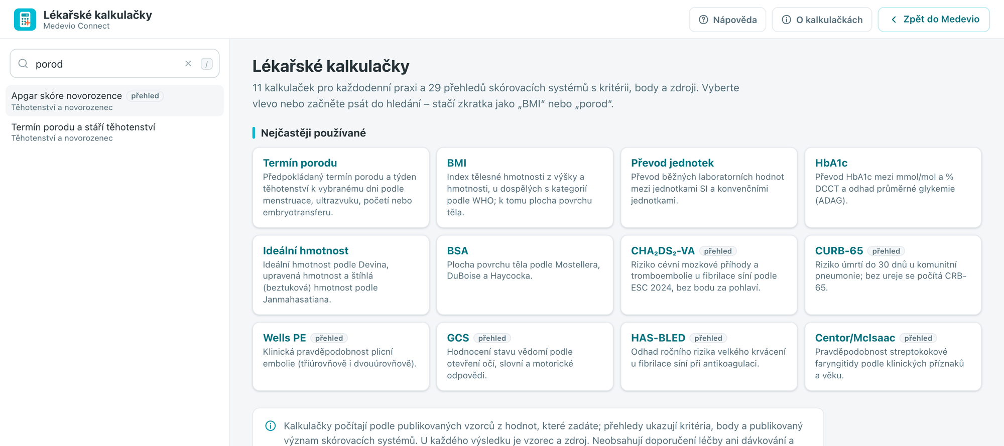 Hledání slova porod najde Termín porodu a stáří těhotenství a přehled Apgar skóre; vpravo nejčastěji používané kalkulačky