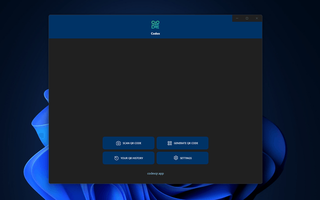 Screenshot of Codex QR Code Software app on Windows 11