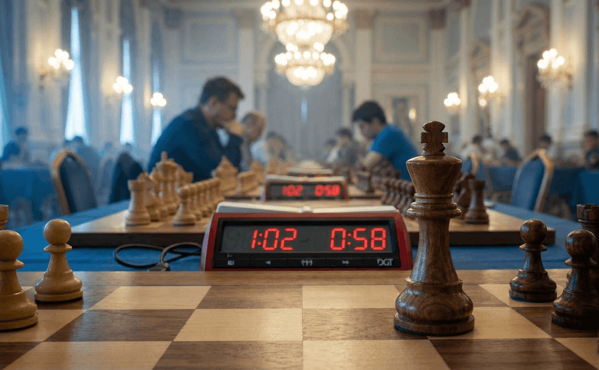 Low angle perspective shot of a long row of wooden chess boards lined up on tables in a prestigious tournament hall. In the foreground, sharp focus on a King piece and a digital chess clock showing red numbers. Background is blurred but suggests a large, elegant venue with other players. Atmosphere of tension, silence, and high stakes. Blue and gold color grading. 8k, photorealistic.