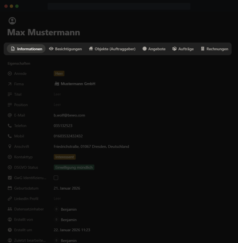 Interessenten-Profil in SYNK Immobilien – Relationale Übersicht von Suchkunden, Objekten und Besichtigungen