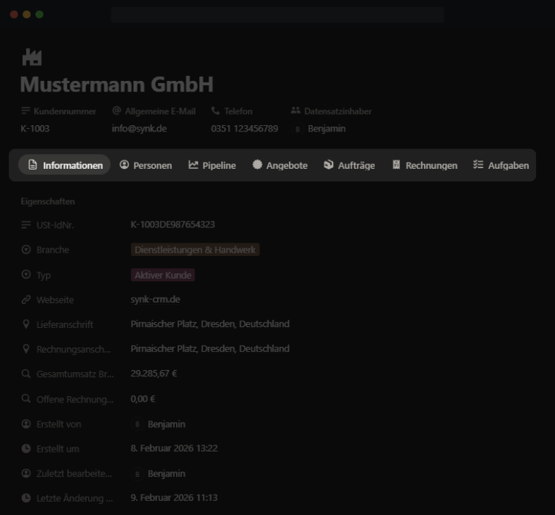 Relationaler Kundenstamm in SYNK CRM – 360-Grad Blick auf Kontakte, Deals und kaufmännische Historie