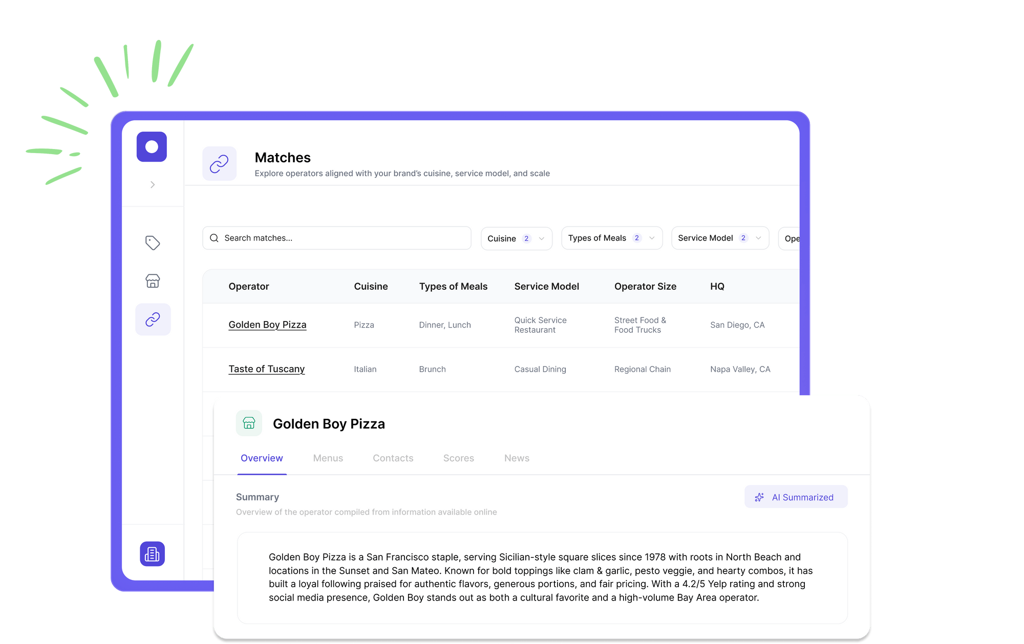 EIP app dashboard showing foodservice matches