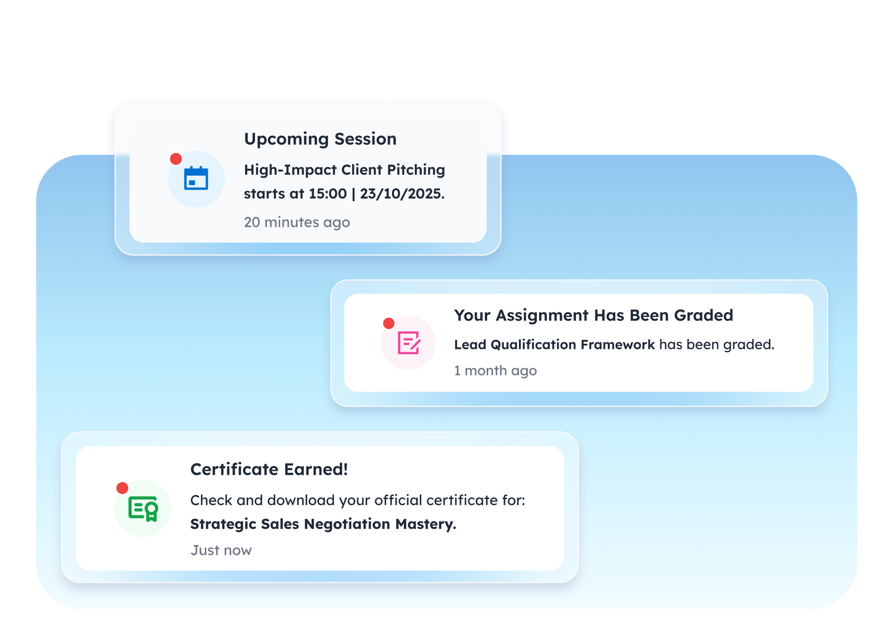 Examples of notifications pushed to learners including class reminders, class feedback, and important events.