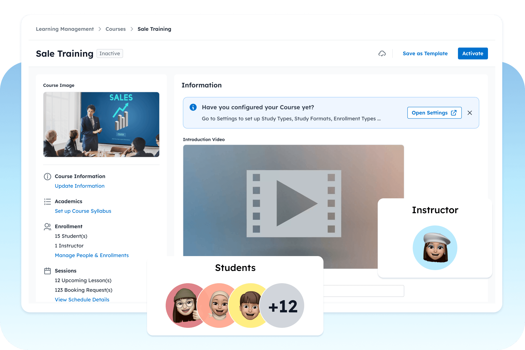 Mock-up of individual class management including class name, ID, instructor name, and virtual classroom link.
