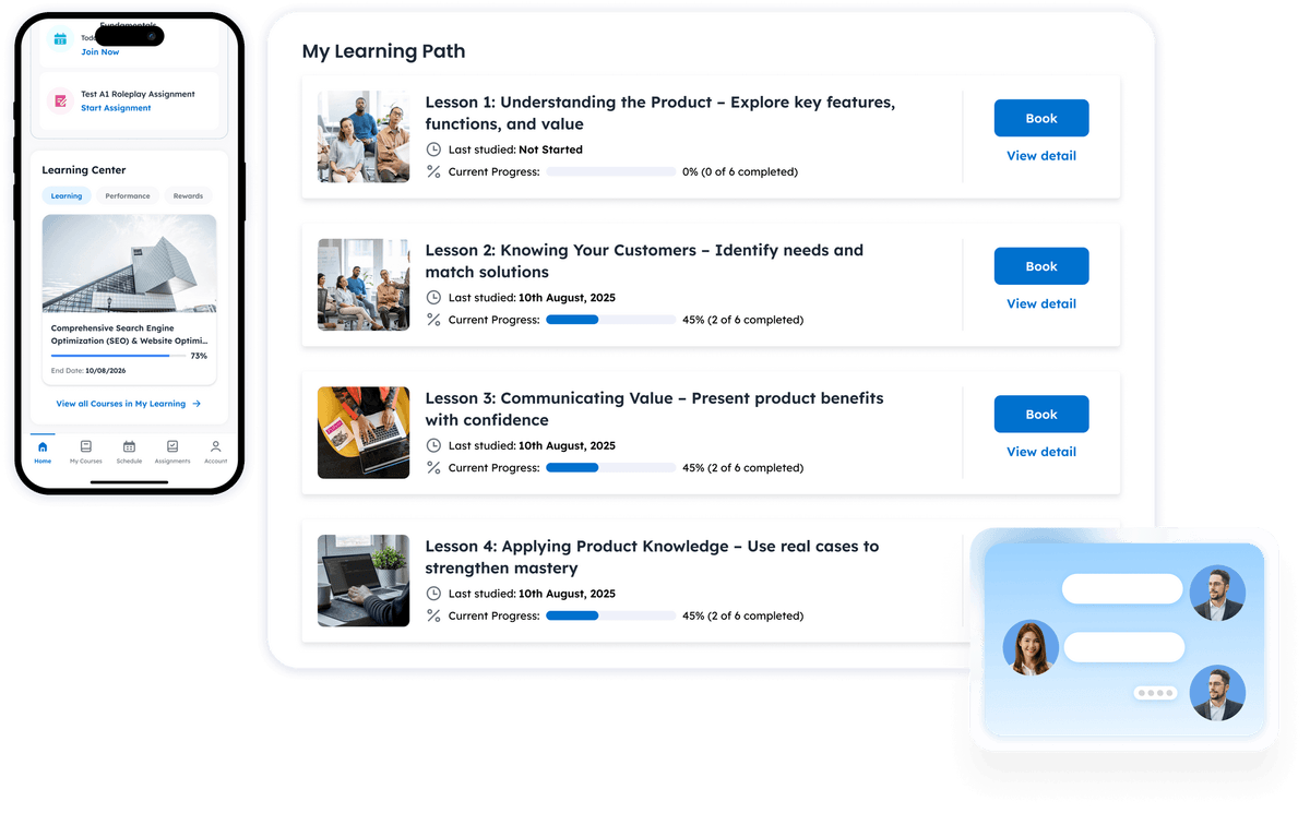 Learning platform dashboard showing course progress and lessons in a learning path.