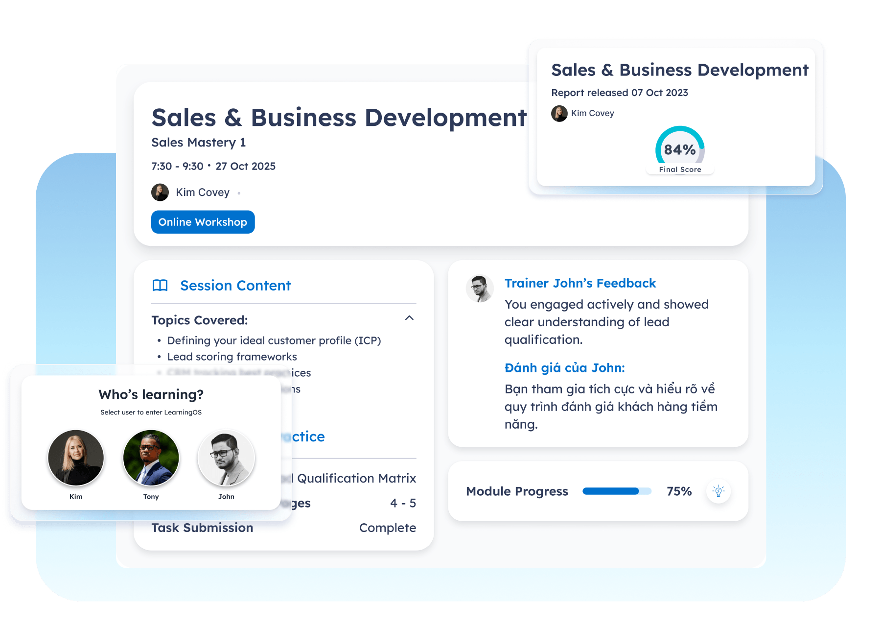 Report preview. Teachers can view class content and leave constructive feedback in multiple languages.