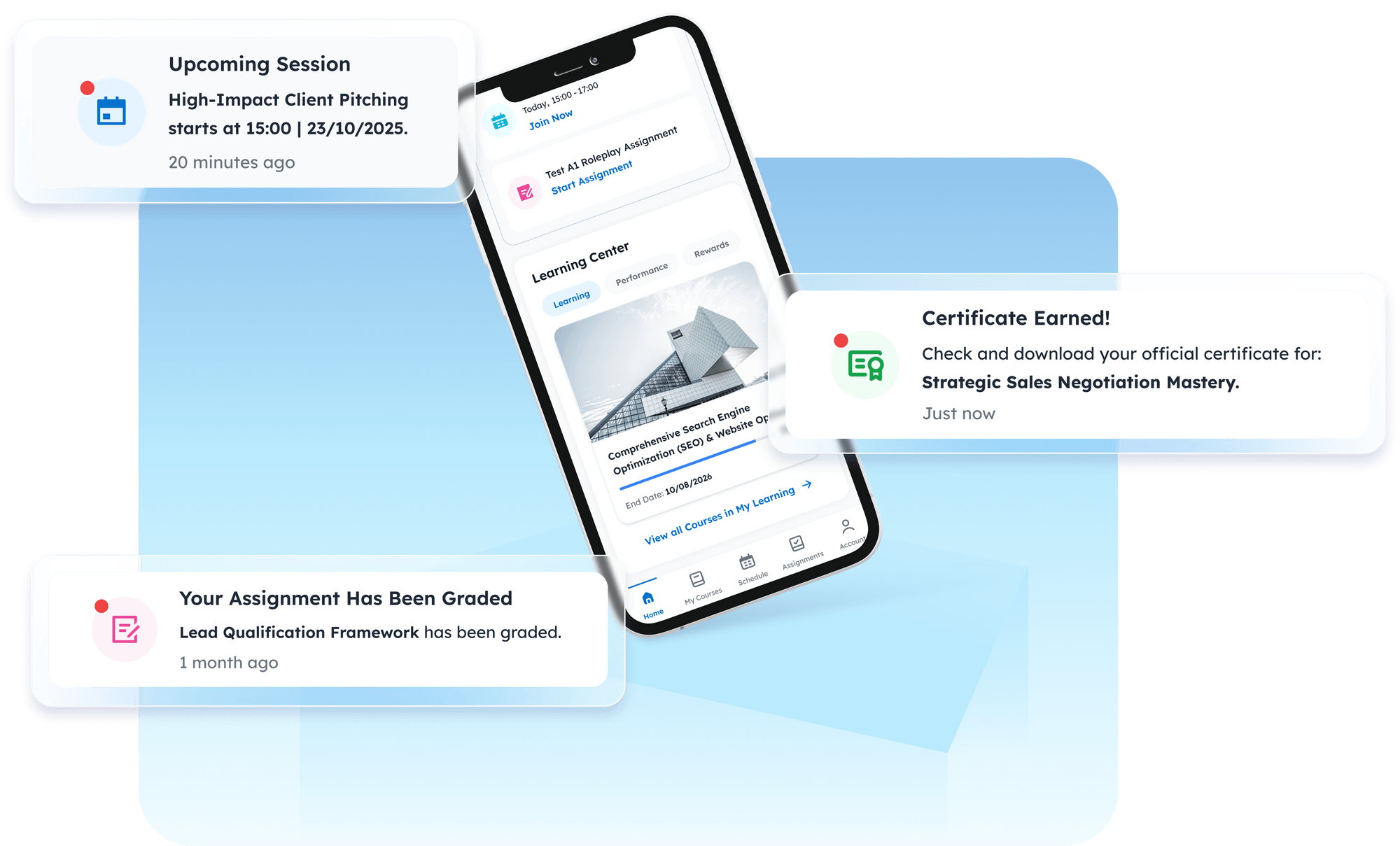 Image displaying custom notifications: updates, scheduled upcoming class, new assignment feedback, and incomplete assignment reminder