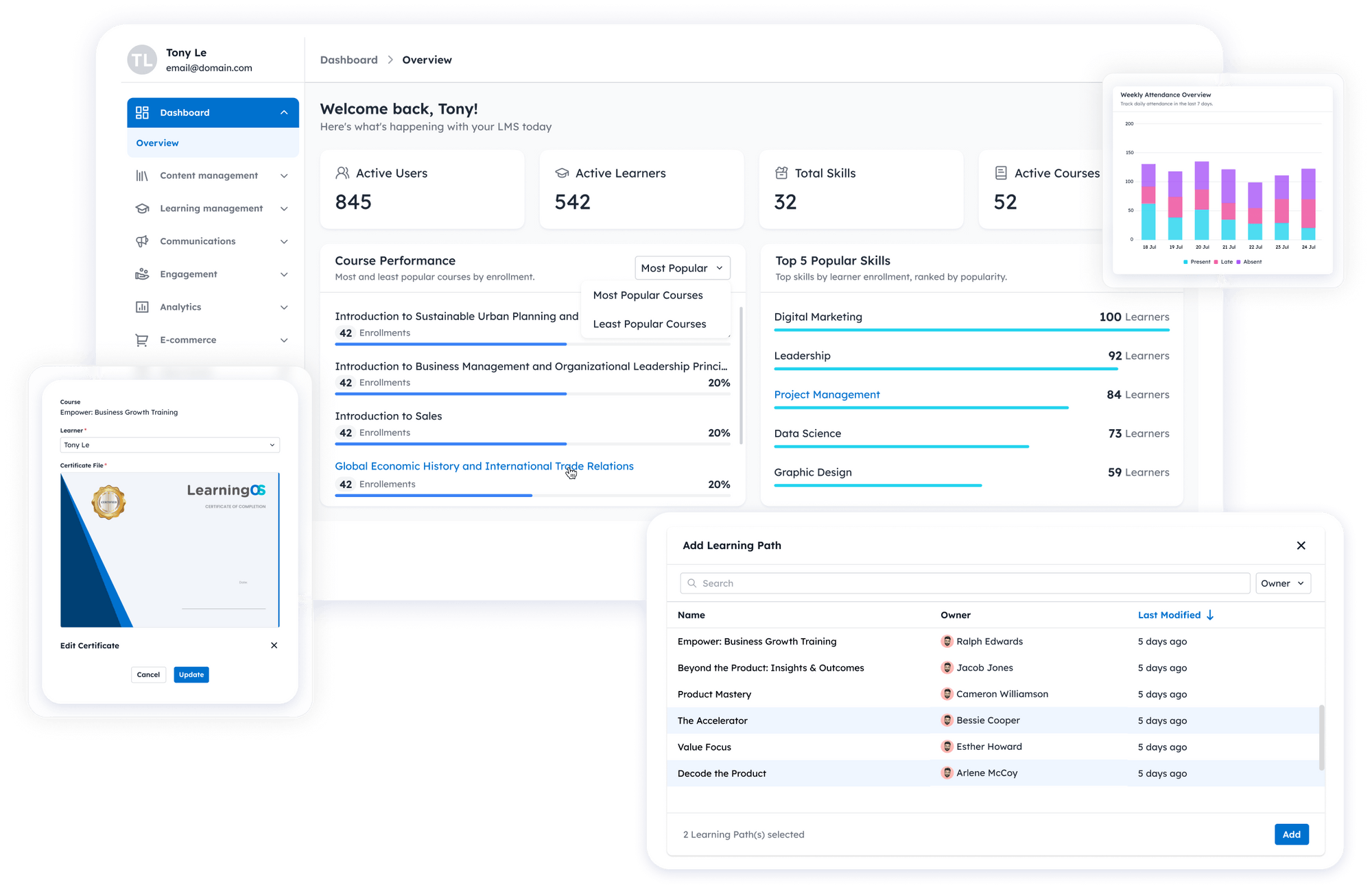 Learning management system featuring student information and learner analytics infographic.