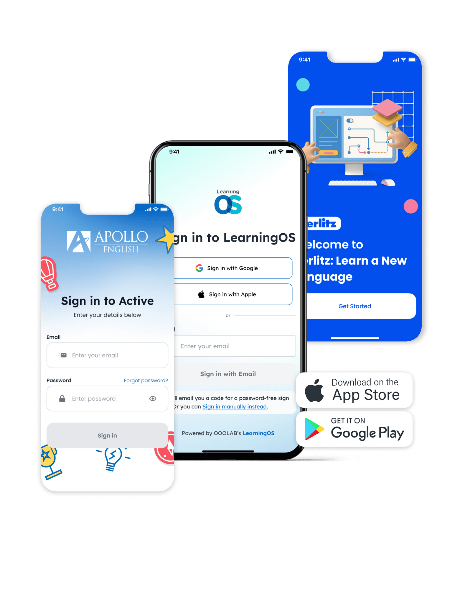 Branded Mobile App montage: Three learner sign-in screens with email, password fields, and 'Get Started Now' button. 