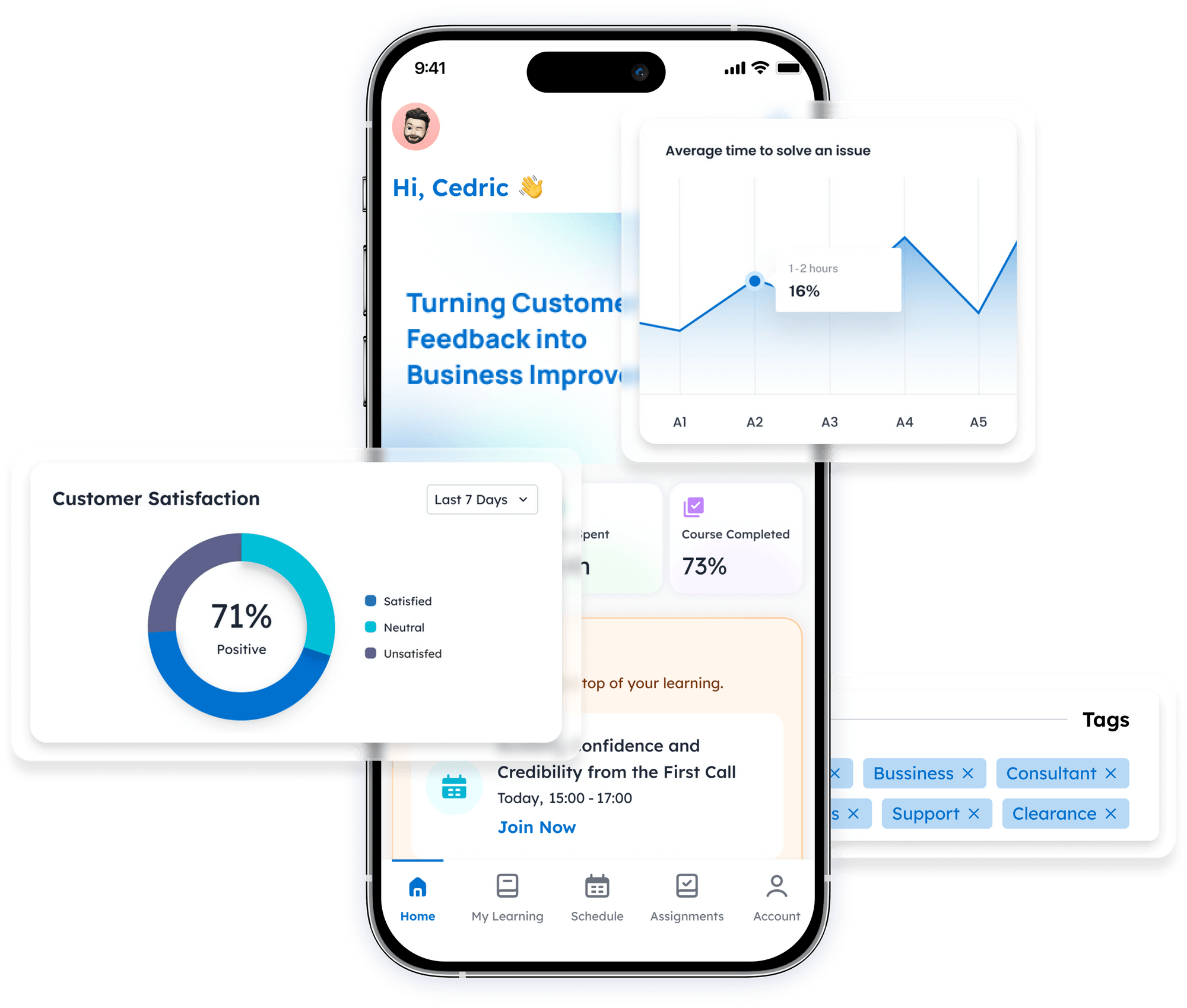 Mobile dashboard interface showing customer satisfaction metrics, issue-resolution time chart, tags, and course progress