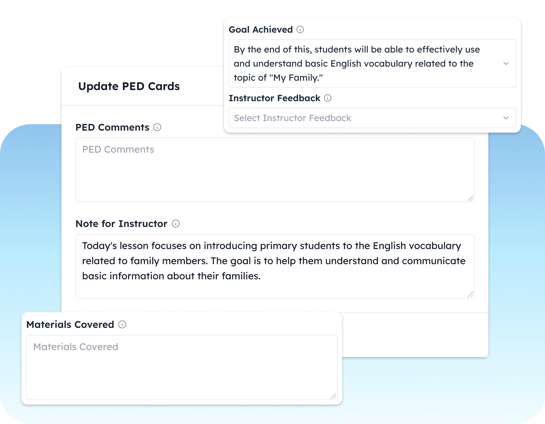 PED Session Feedback Cards: Instructors and admins can effortlessly review class content, learning materials, and performance feedback.