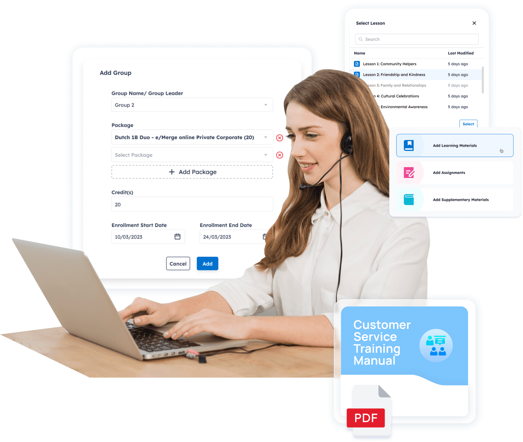 An instructor viewing lessons of a learning path and using tool to manage content