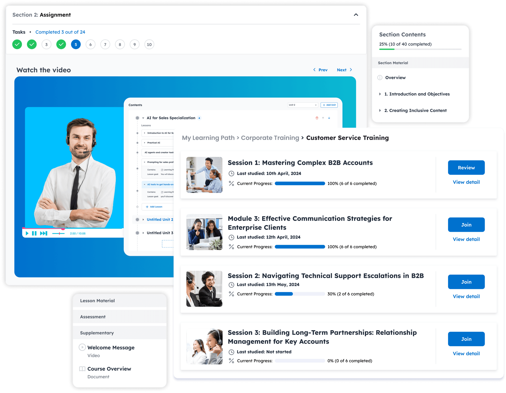 Training platform interface showing a video lesson, progress tracker, and customer service course modules.
