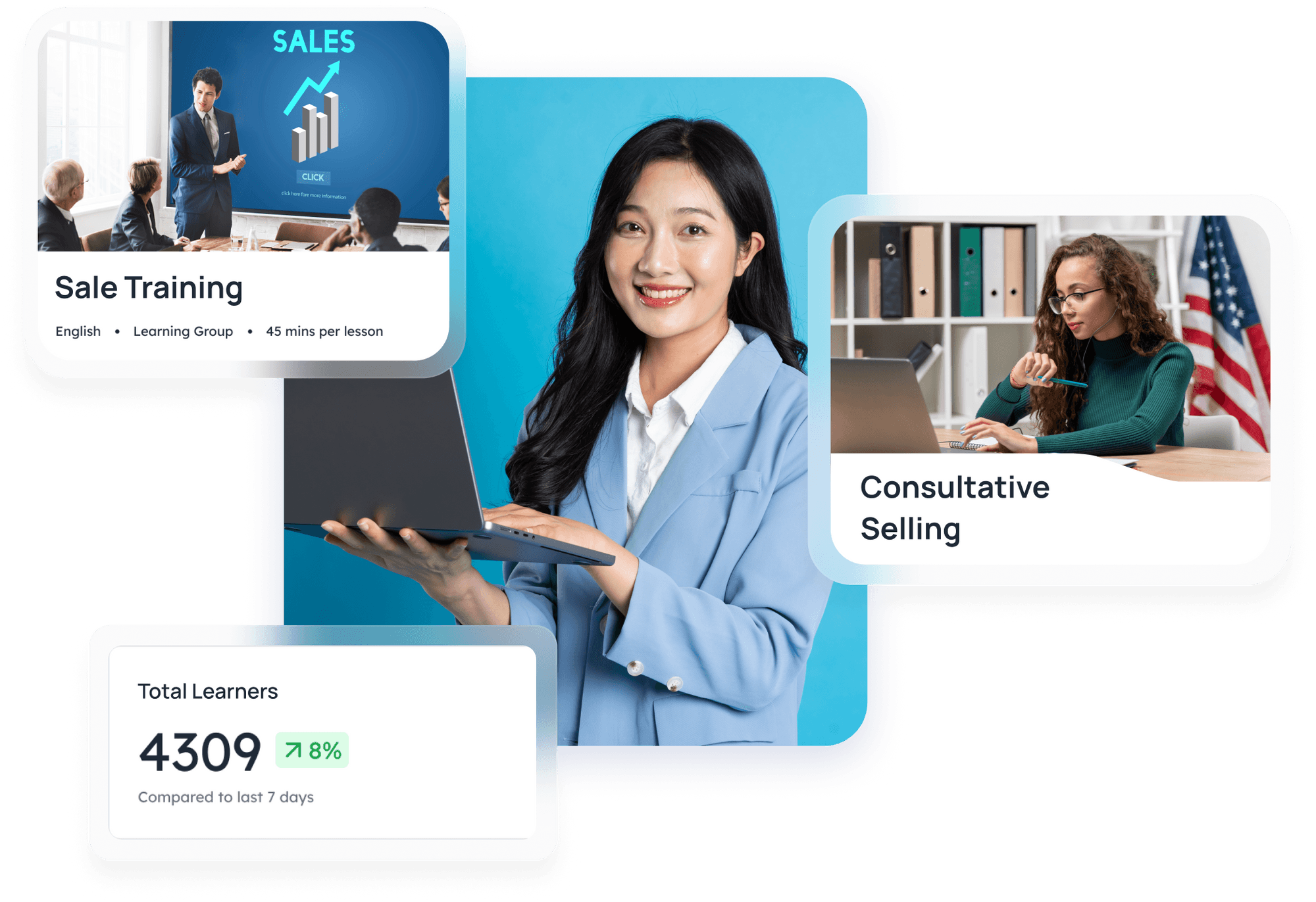 a girl holding personal laptop with learning course information surrounding