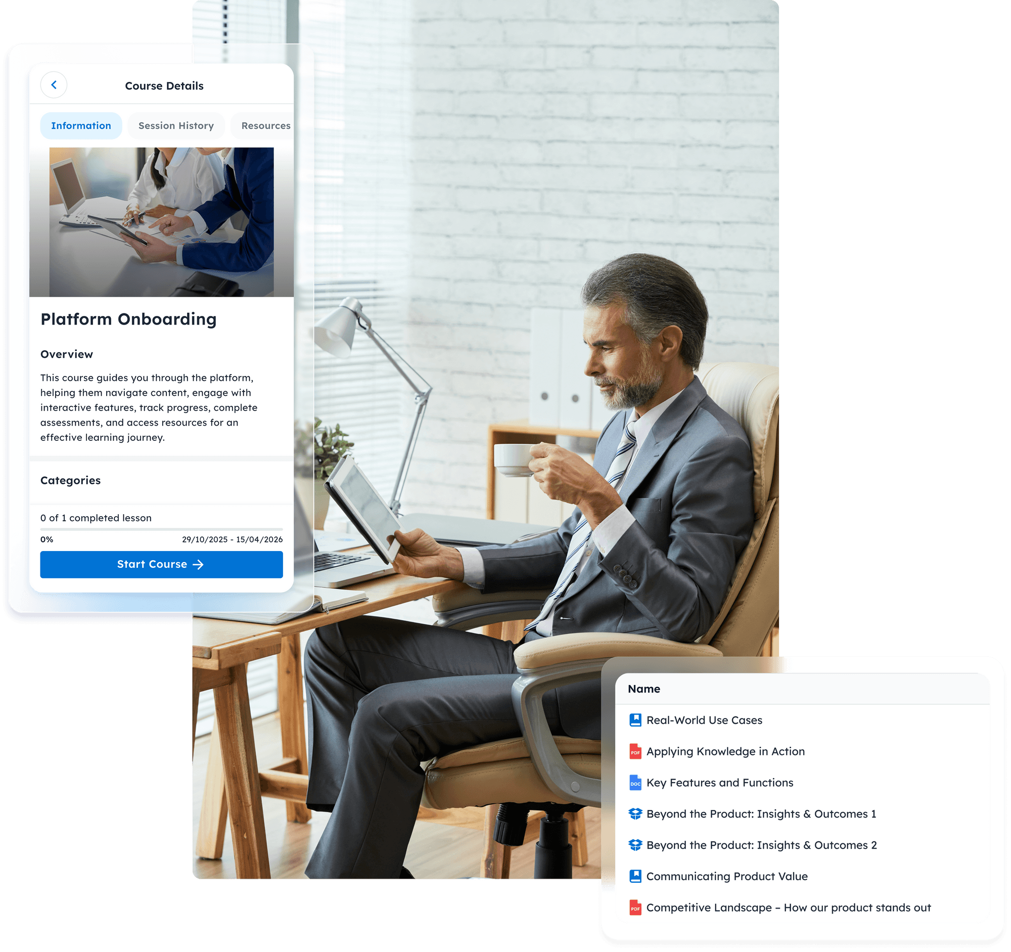 A man viewing a course details with attached materials.