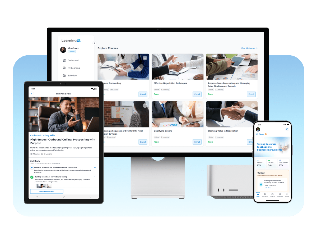 Three devices showing CLMS interface: assignments’ progress on desktop and crossword activity of an assignment on mobile device.