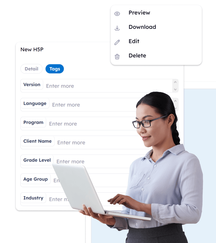 Girl accessing a content library overview viewing course names, last modified dates, and authors.