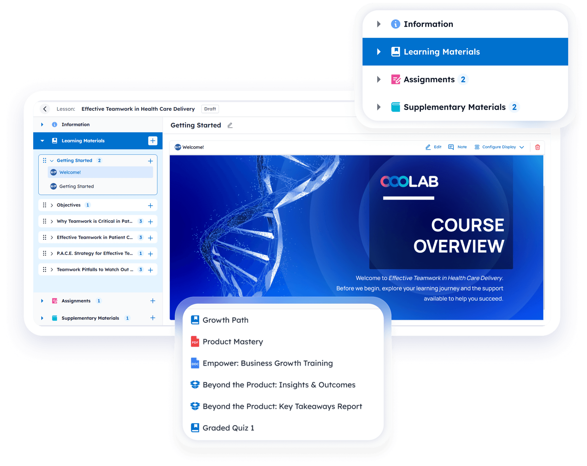 content management workspace allows uploading learning materials and arranging lesson sections