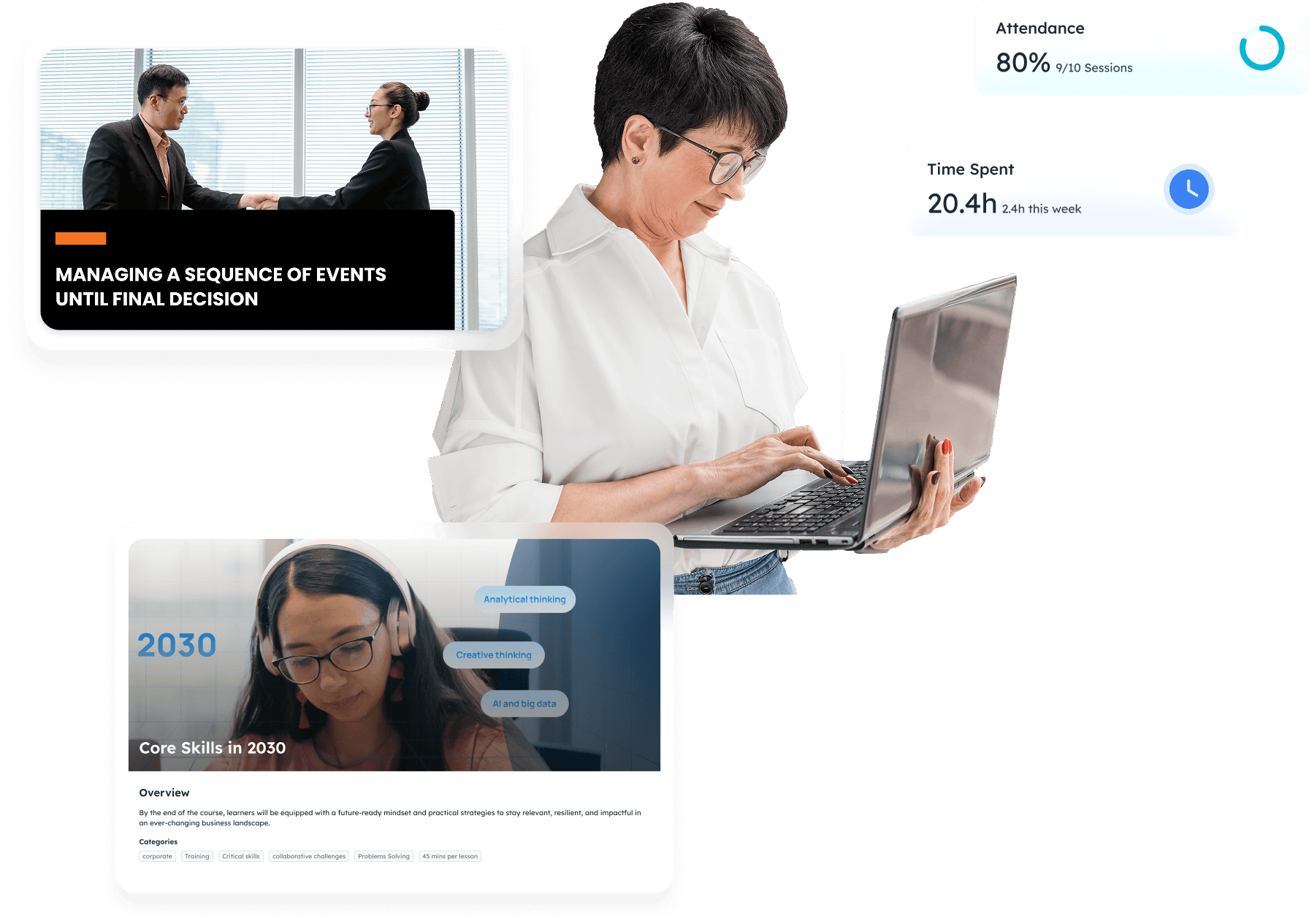 A woman viewing course overview and course data analytics