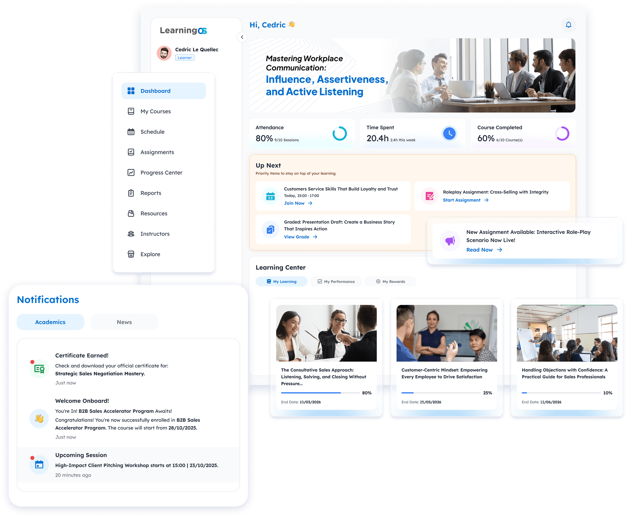 Virtual learning environment or learner portal featuring learner dashboard with an overview of upcoming class schedule and course and assignment content information.