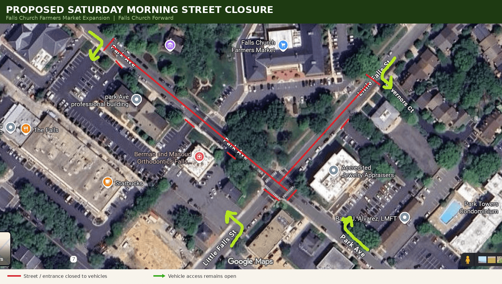 Proposed street closure map showing Park Ave and Little Falls St closures with business access maintained