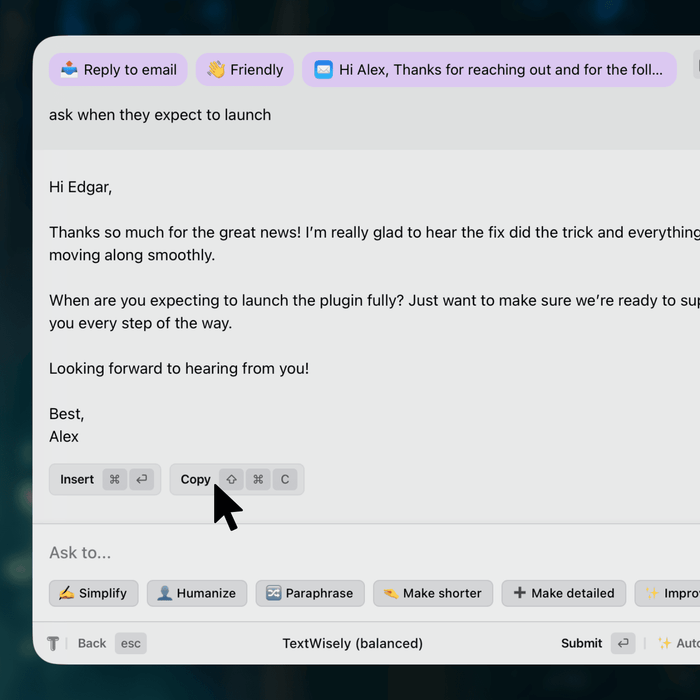 Generated Email Response in TextWisely App.png