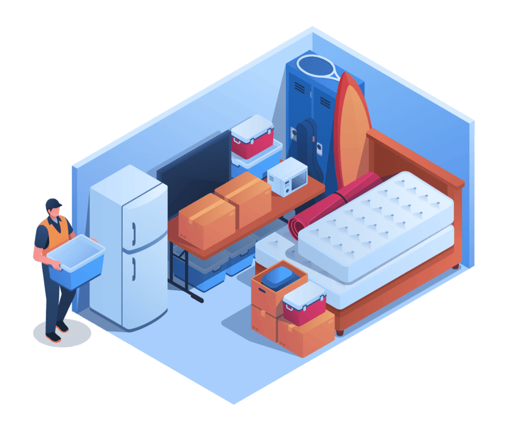 Grafik: Wohnungsinhalt (Kühlschrank, Tisch, TV, Matratzen, Bett usw.) in Container lagern