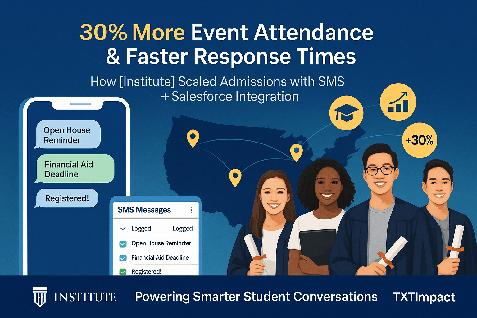 Illustration of a vocational institute using TXTImpact SMS and Salesforce integration to increase event attendance by 30% and improve admissions response times, showing a phone with messages, a US map with locations, and diverse students..png