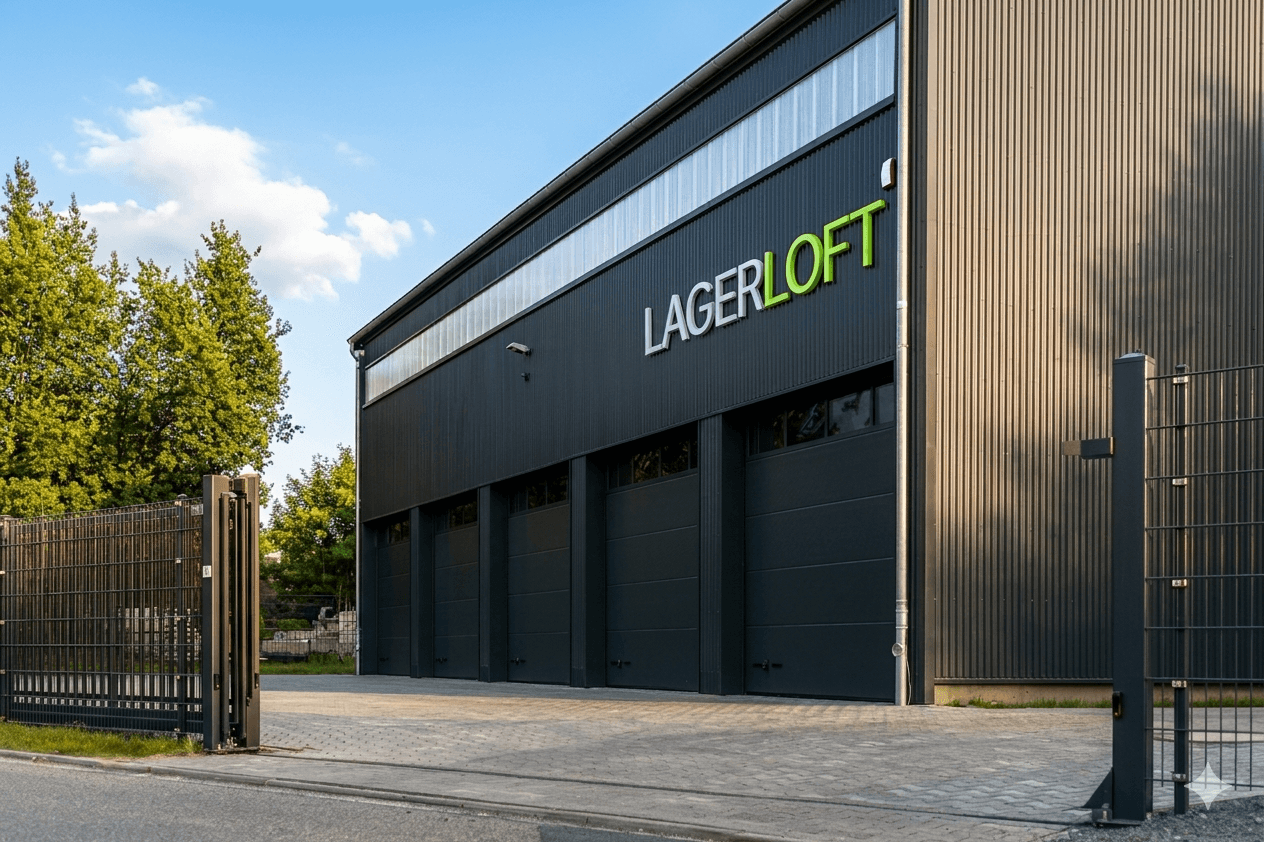 Lagerraum oder Garage mieten Dresden Nord – moderne Außenansicht des Lagerloft auf einem eingezäunten und abgeschlossenen Grundstück am Lidl Markt Hellerau