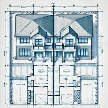 DALL·E 2025-01-06 17.53.34 - A blueprint-style lot plan for a single two-storey residential duplex building split into two symmetrical lots. Each lot includes half of the building.webp