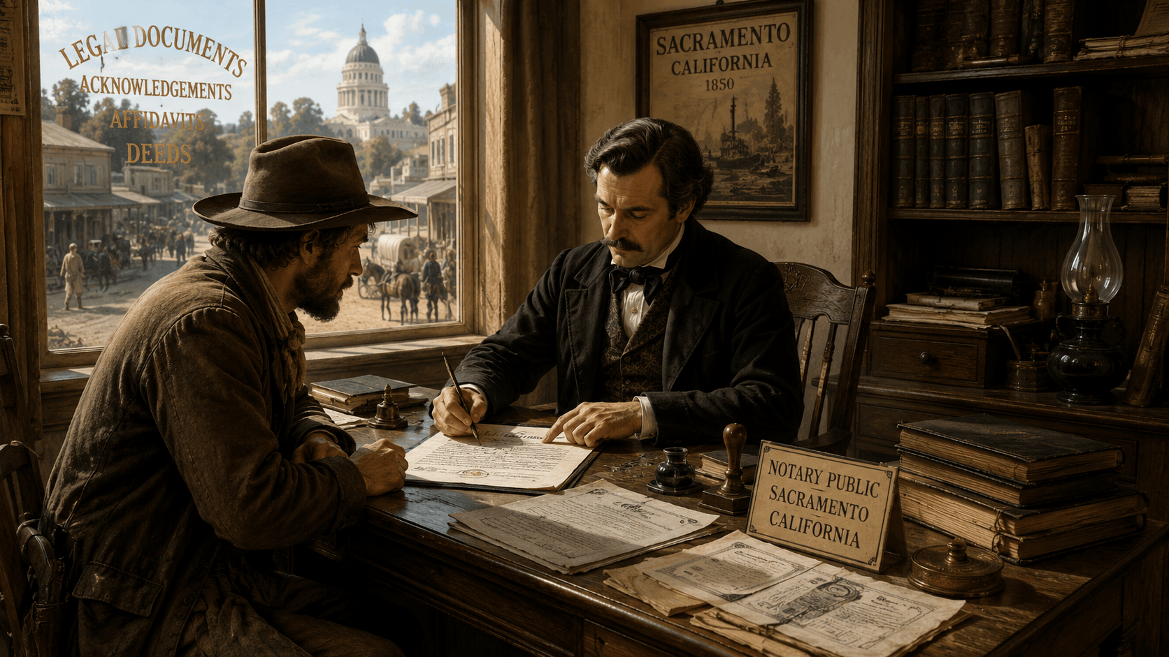 Historical illustration of a California notary public conducting business in Sacramento