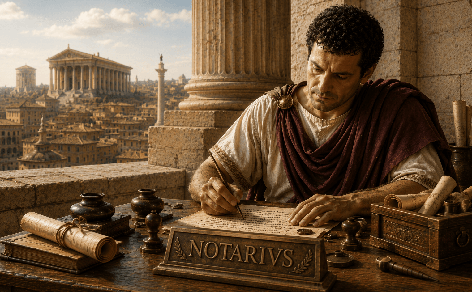 Ancient Roman notarius writing documents on parchment