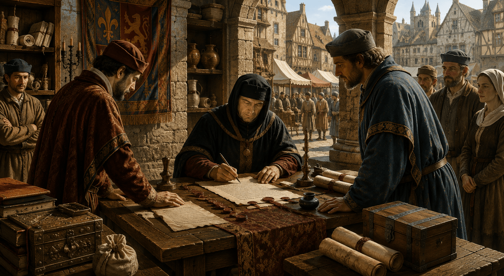 Medieval notary documenting an agreement between merchants in Europe