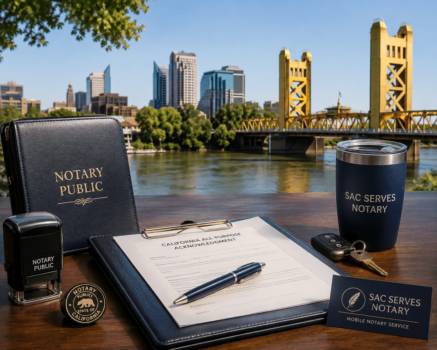 Sacramento mobile notary service with notary documents and Tower Bridge