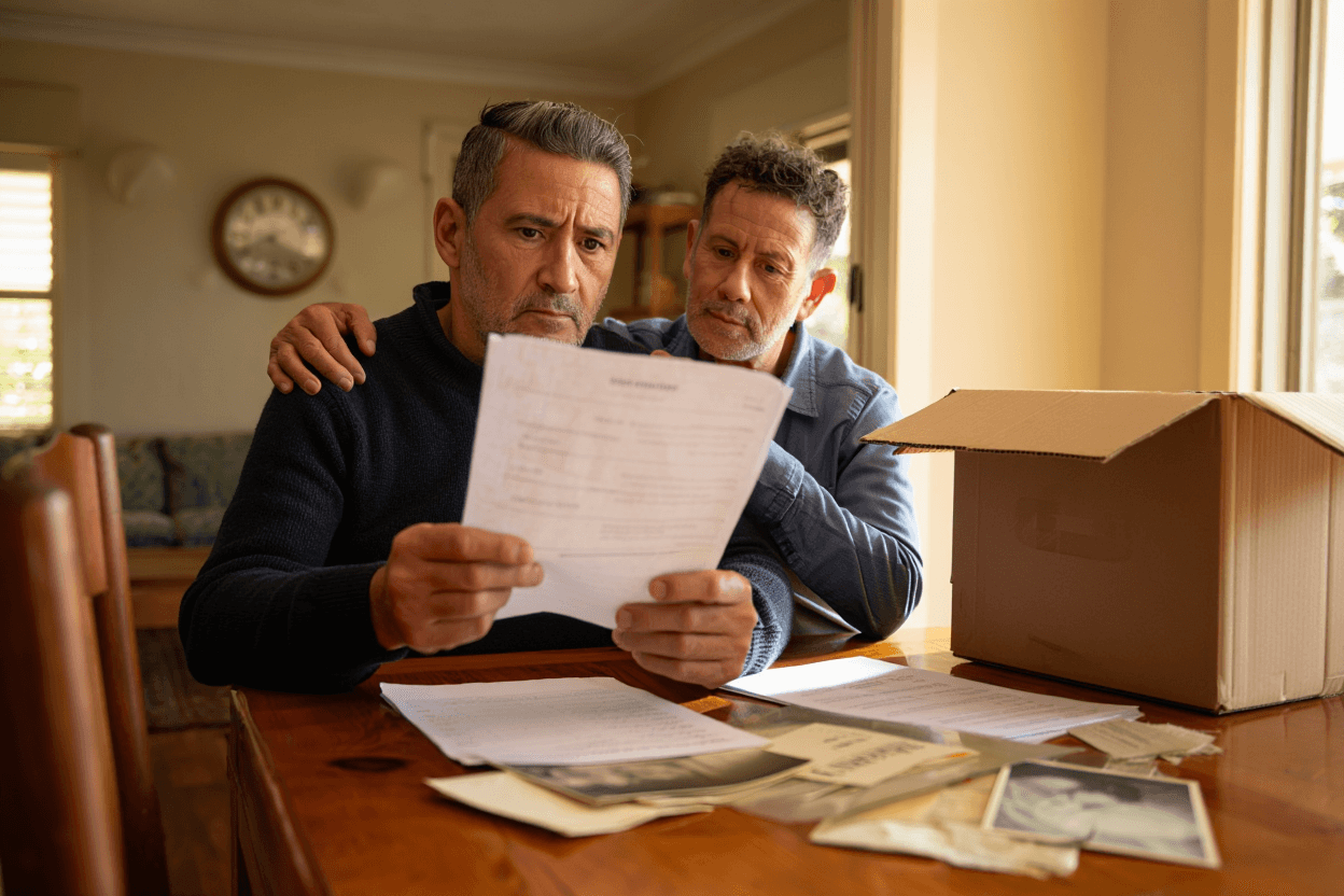 adult children looking through parents old belongings