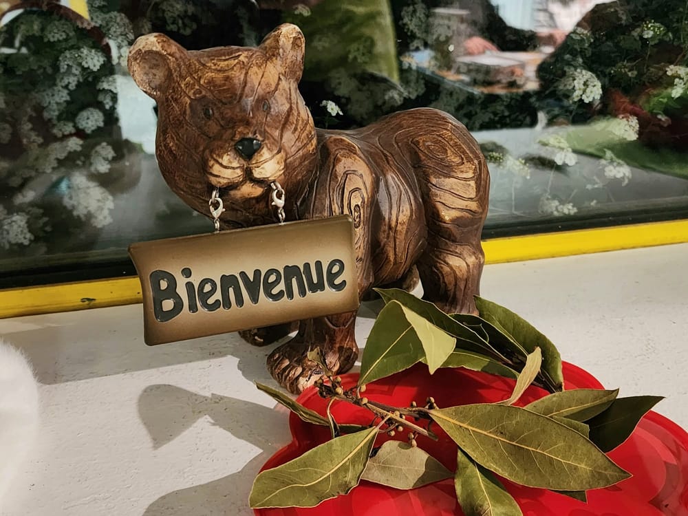 Un ours en bois nous souhaitant la bienvenue