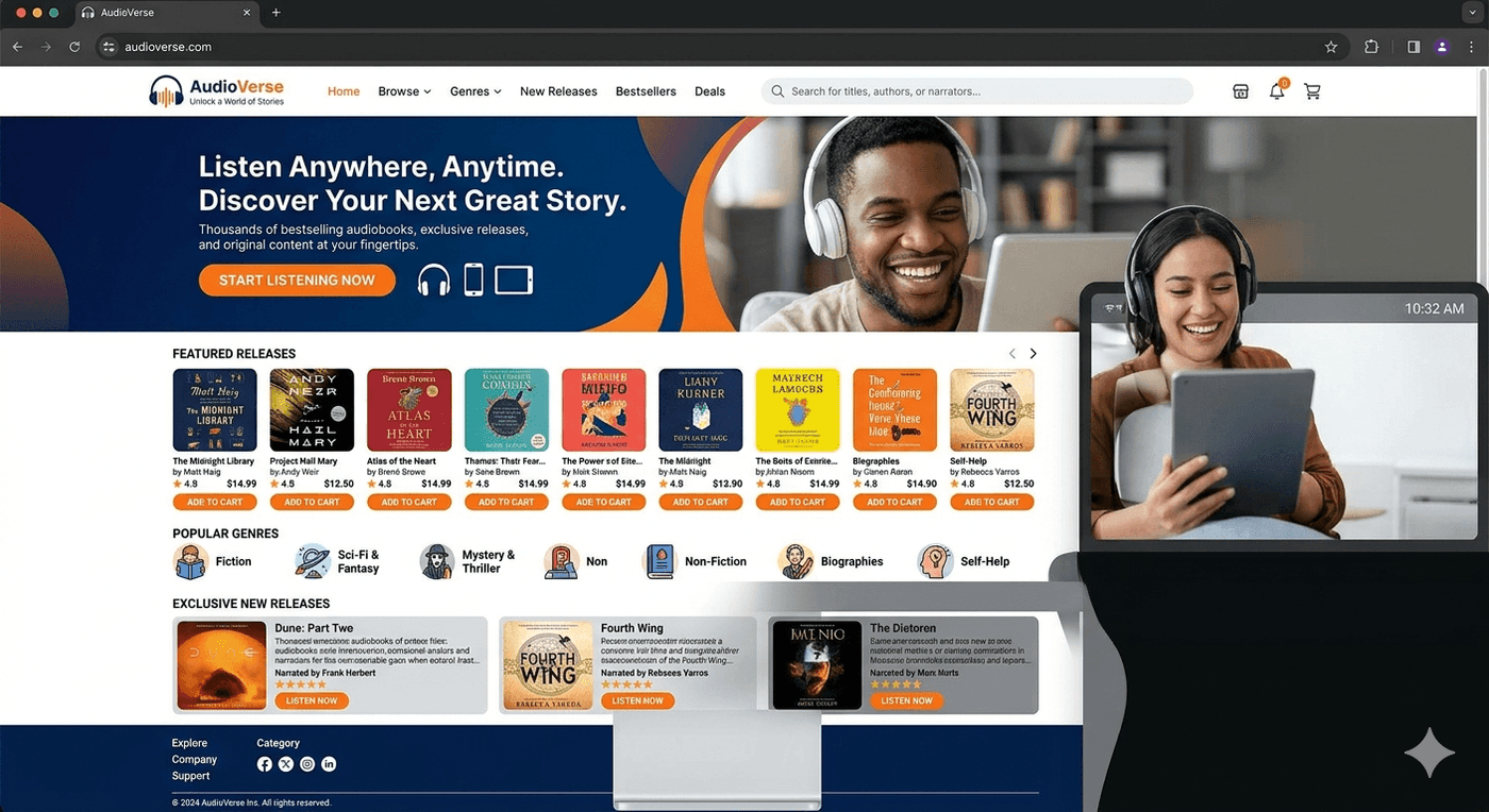 Landing page of an audiobooks ecommerce website using Dwello for Merchants API