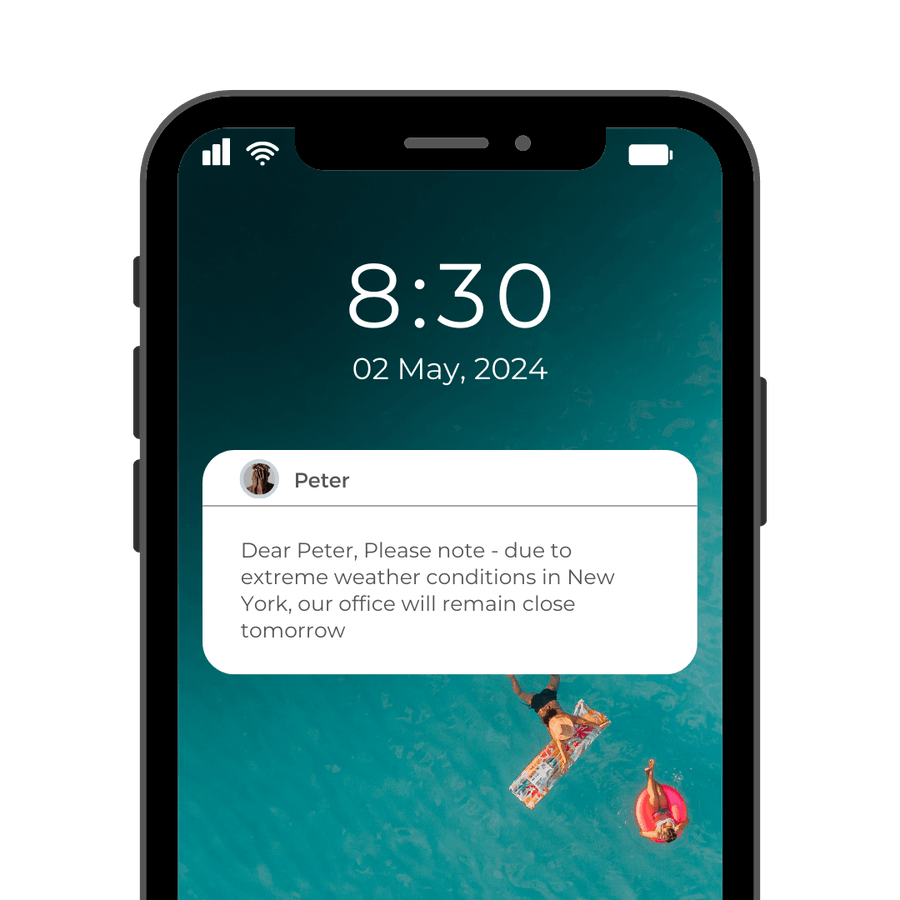 Smartphone lock screen displaying a critical notification from 'Peter' about an office closure 'due to extreme weather conditions in New York', illustrating a mobile business alert or emergency communication.png