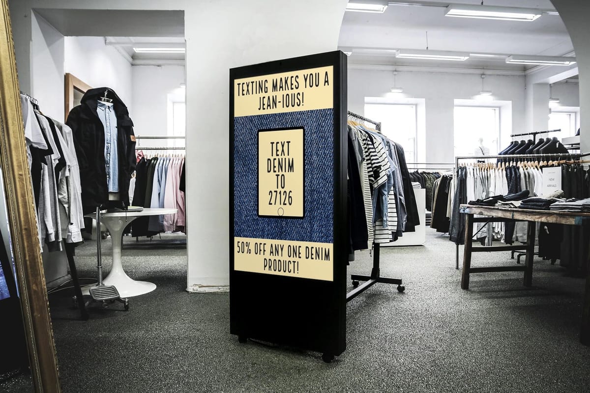 Digital display stand in a clothing store with 'Texting Makes You a Jean-ious?' and instructions to 'Text DENIM to 27126' for '20% Off Any One Denim Product!', illustrating an interactive SMS marketing campaign for fashion retail.jpg