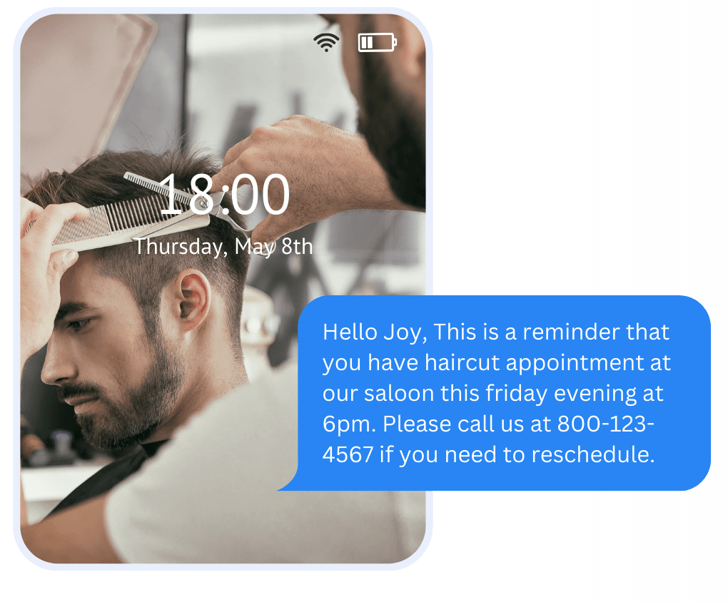 Smartphone lock screen showing a text message reminder for a haircut appointment at a salon on Friday evening at 6 PM, with a contact number for rescheduling, overlaid on a blurred image of a man getting a haircut.png