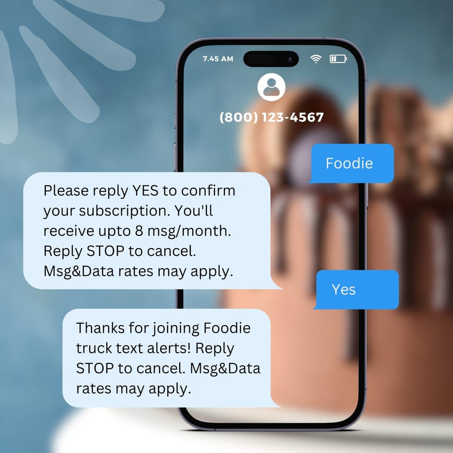 Smartphone screen showing a text message opt-in confirmation for 'Foodie truck text alerts' from (800) 123-4567, including subscription details, confirmation prompts, and opt-out instructions, illustrating a standard SMS marketing double opt-in.jpg