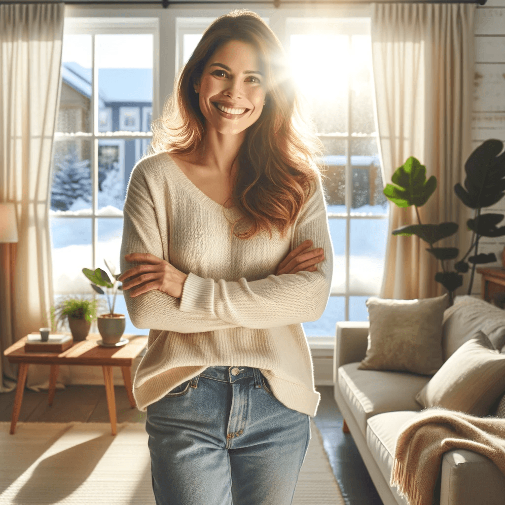 DALL·E 2024-01-15 00.11.28 - A 35-year-old woman stands in her cozy, sunlit living room on a beautiful winter morning. She radiates happiness and warmth. The room features a large.png